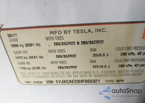 2017 Tesla Model X 100D/75D/90D из США, поврежденный, VIN 5YJXCAE20HF065921